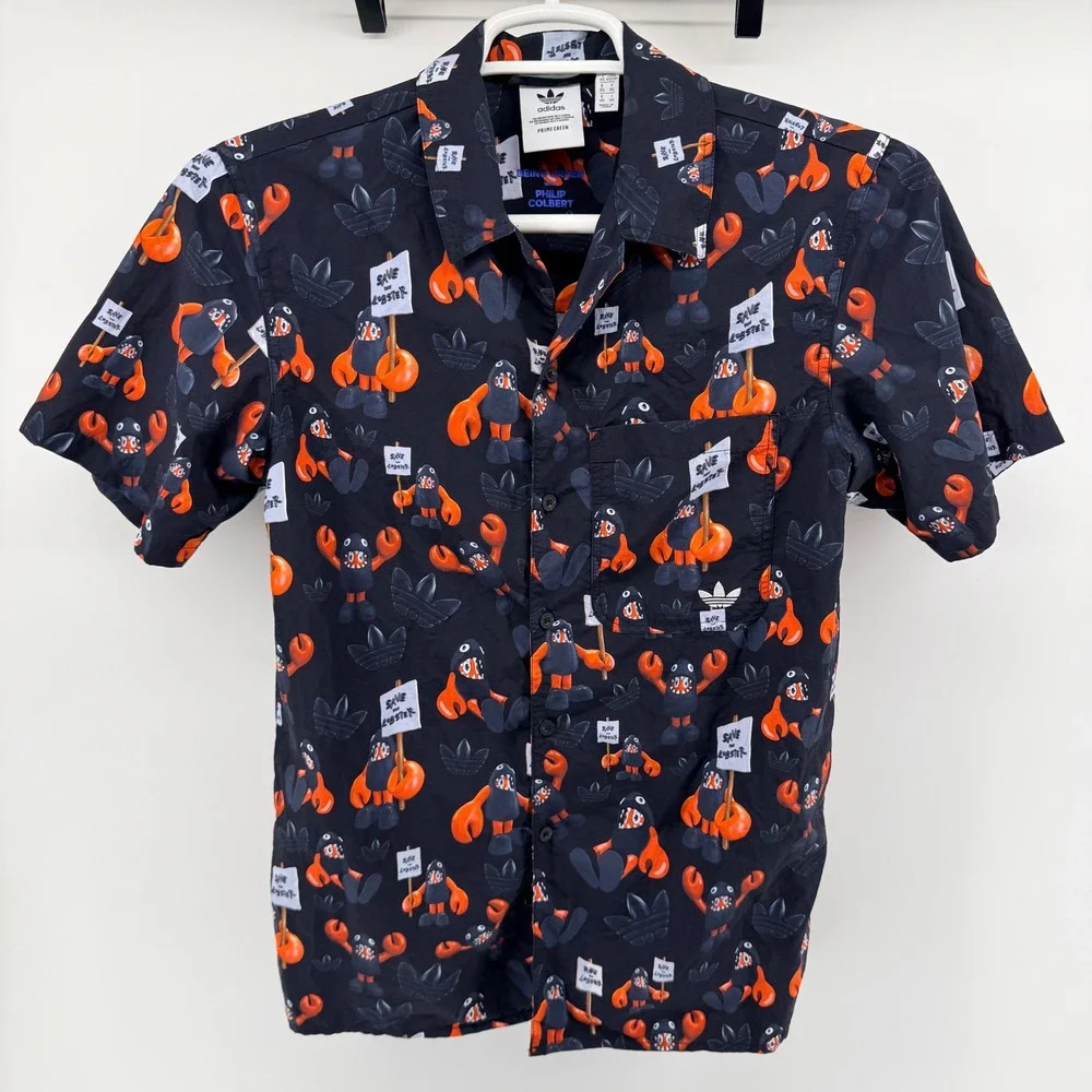 Adidas Philip Colbert‎ Save the Lobster Button Up Shirt Graphic Pop Art XS Black